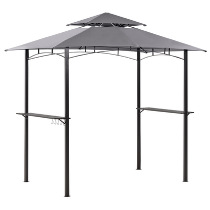 Gazebo Grey Fabric Black Steel Powder Coated Garden Pavilion 240 x 148cm With Hooks And Shelves