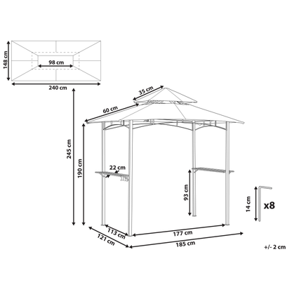 Gazebo Grey Fabric Black Steel Powder Coated Garden Pavilion 240 x 148cm With Hooks And Shelves