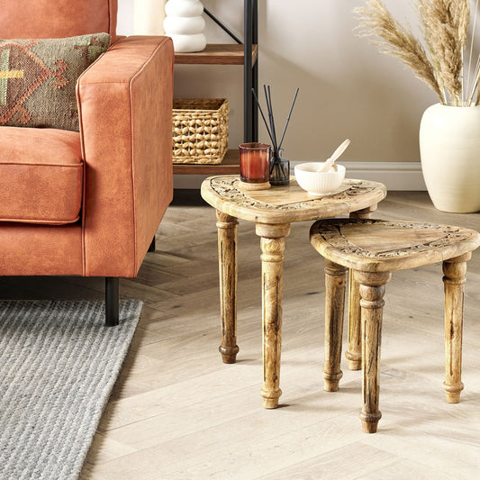 Side Tables Set Of 2 Natural Mango Wood Hand Carved Top Triangular Frame Rustic Living Room