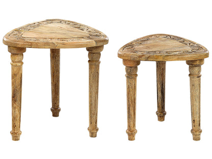 Side Tables Set Of 2 Natural Mango Wood Hand Carved Top Triangular Frame Rustic Living Room