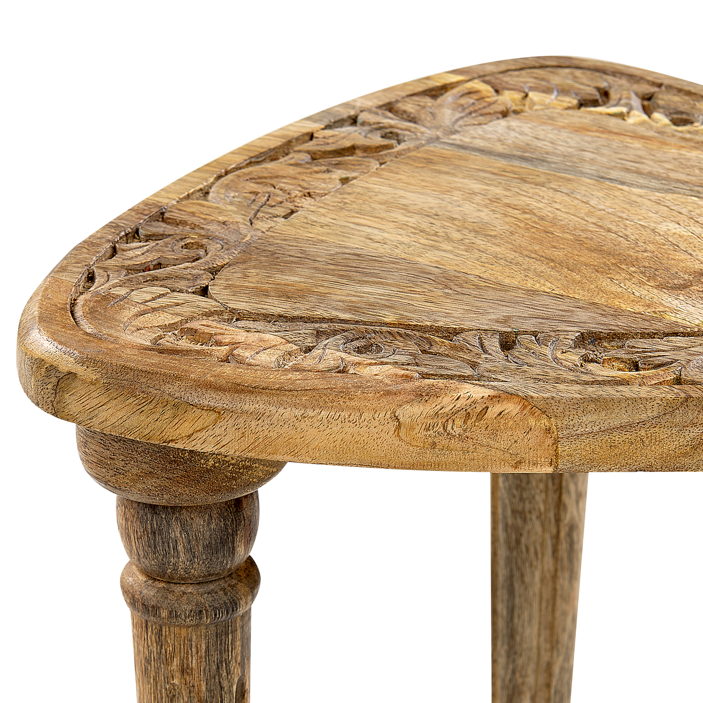Side Tables Set Of 2 Natural Mango Wood Hand Carved Top Triangular Frame Rustic Living Room
