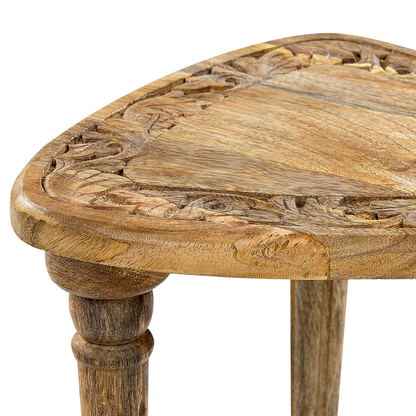 Side Tables Set Of 2 Natural Mango Wood Hand Carved Top Triangular Frame Rustic Living Room
