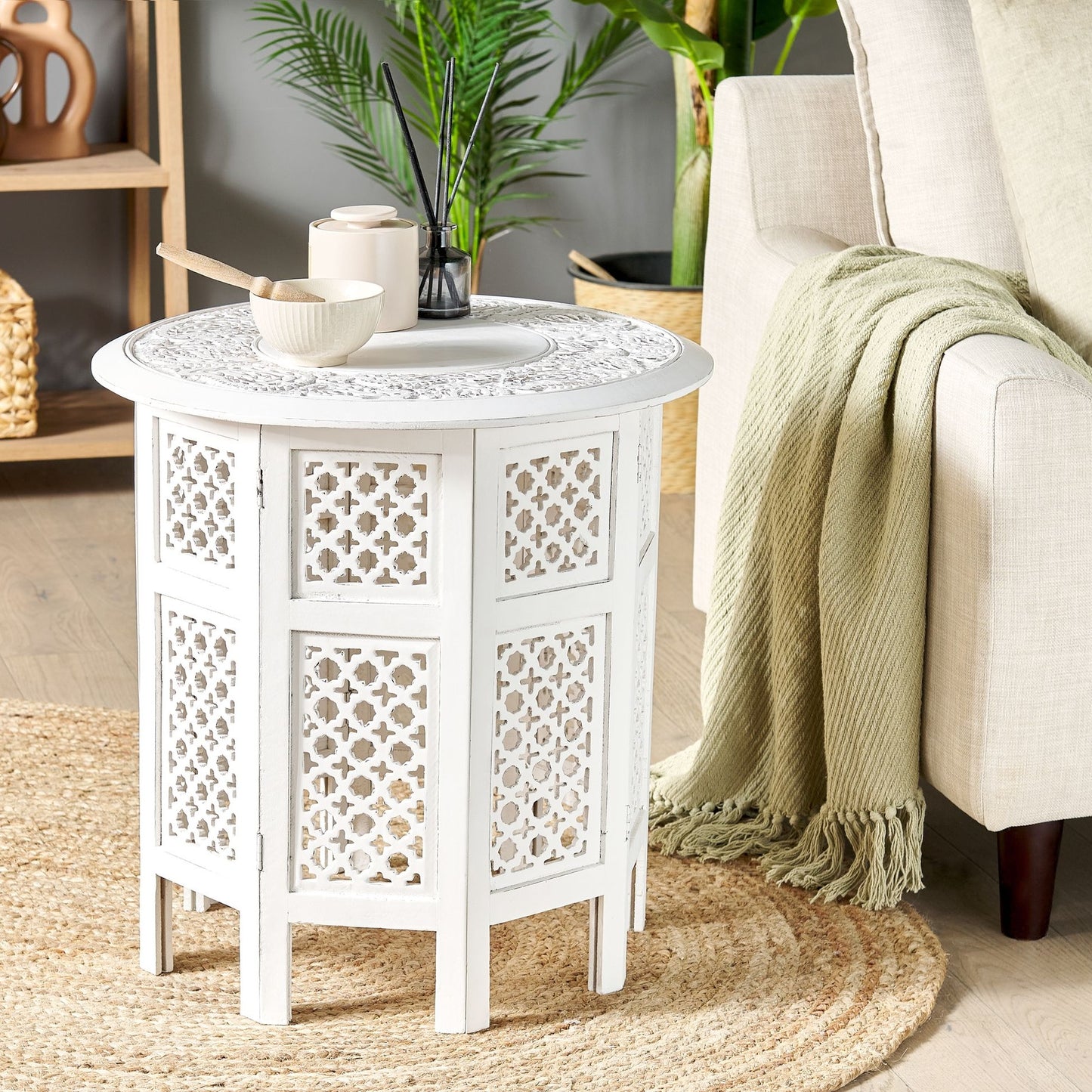 Oriental Studio Side Table White Distressed Carved Pattern