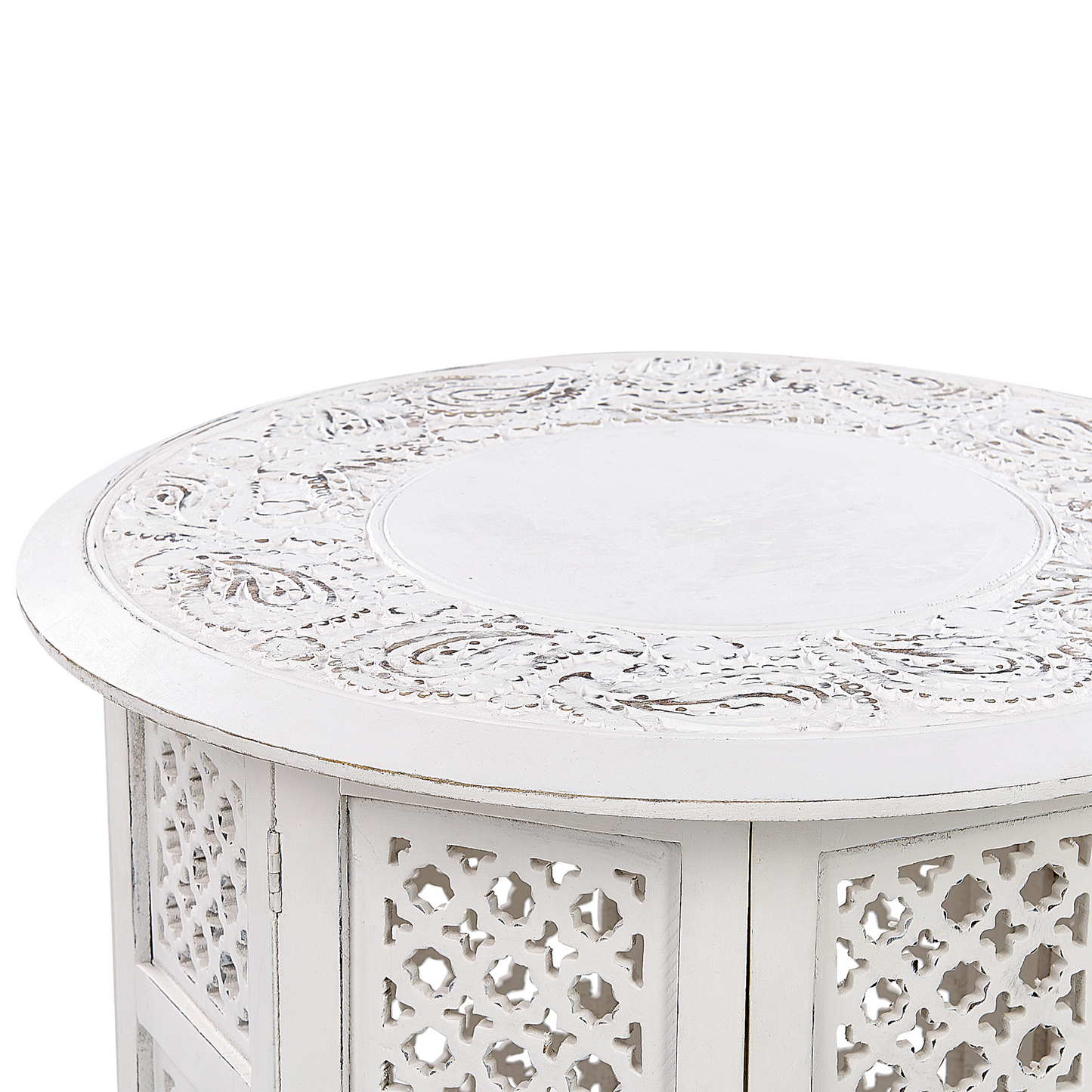 Oriental Studio Side Table White Distressed Carved Pattern