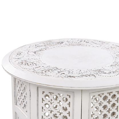 Oriental Studio Side Table White Distressed Carved Pattern