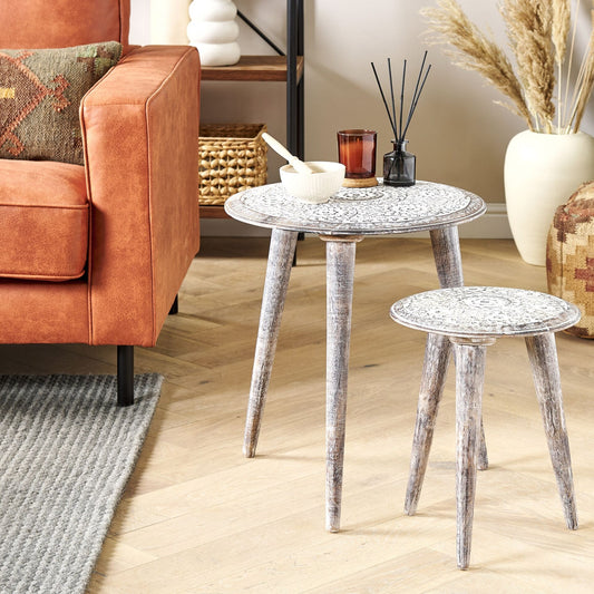 Grey White Mango Wood Side Table With Carved Floral Pattern