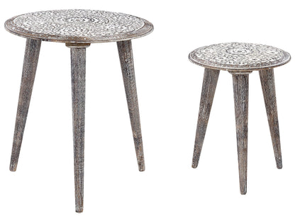 Grey White Mango Wood Side Table With Carved Floral Pattern