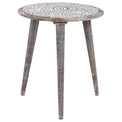 Grey White Mango Wood Side Table With Carved Floral Pattern