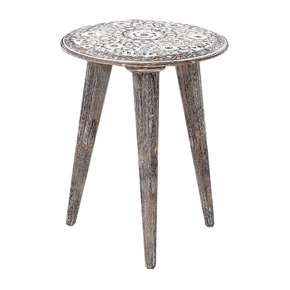 Grey White Mango Wood Side Table With Carved Floral Pattern