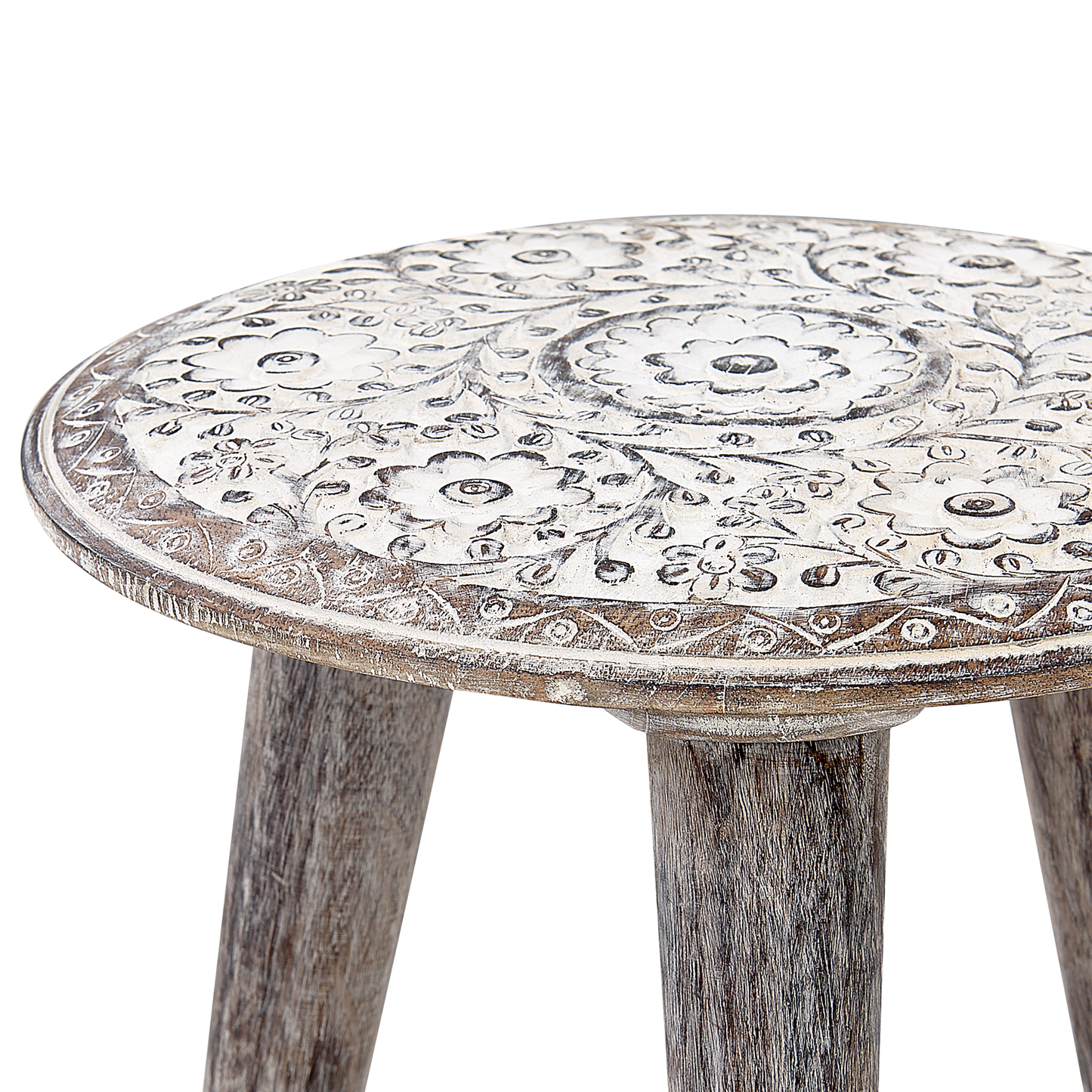 Grey White Mango Wood Side Table With Carved Floral Pattern