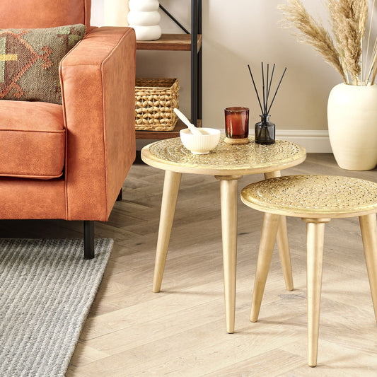 Set Of 2 Gold Distressed Carved Pattern Side Tables