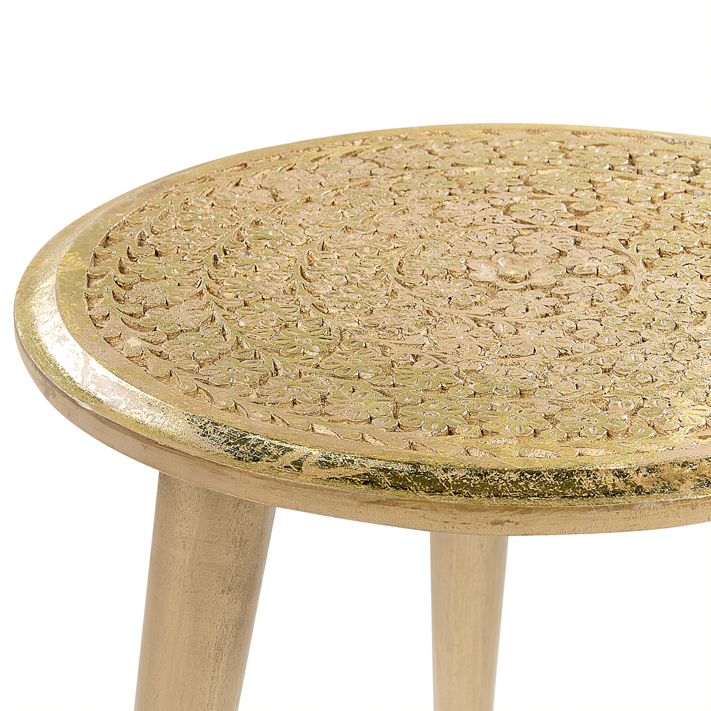 Set Of 2 Gold Distressed Carved Pattern Side Tables
