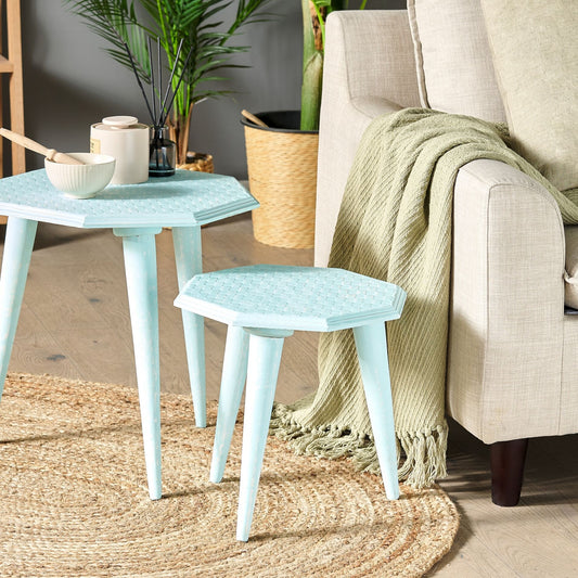 BlueHaven Nesting Side Tables Set of 2 Distressed Mango Wood Blue