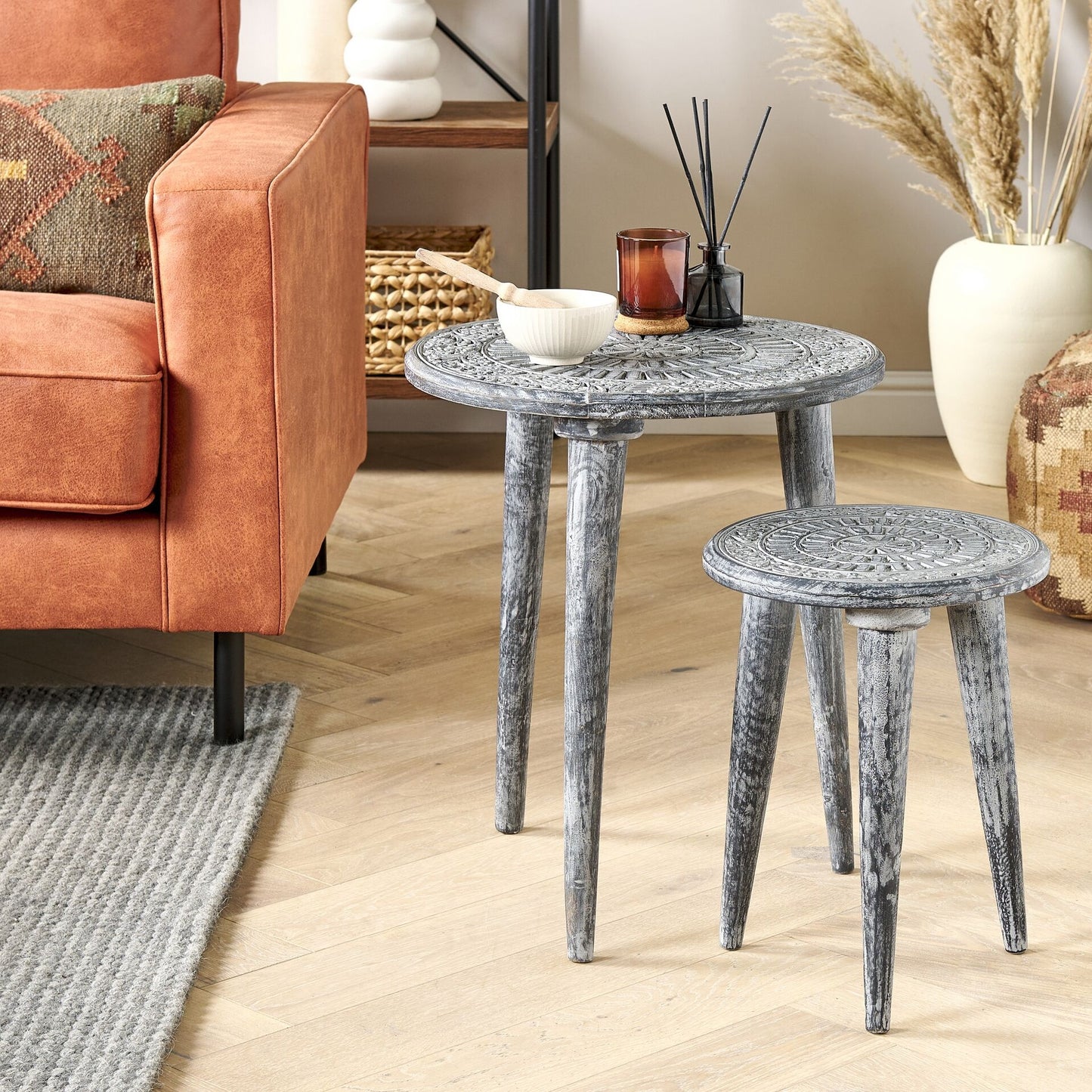 Side Tables Set Of 2 Distressed Grey Mango Wood Vintage