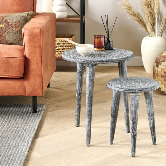 Side Tables Set Of 2 Distressed Grey Mango Wood Vintage