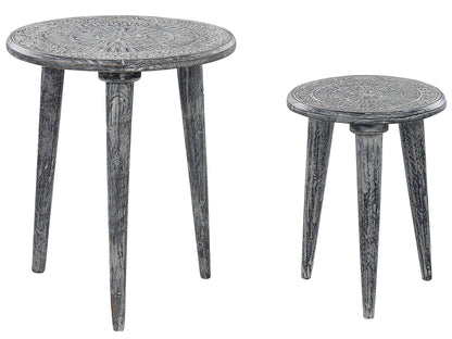 Side Tables Set Of 2 Distressed Grey Mango Wood Vintage