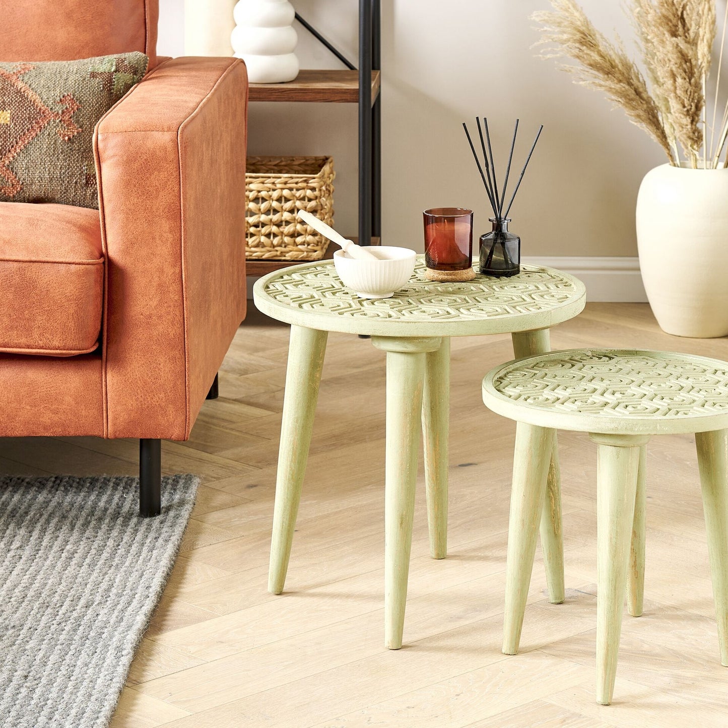 Nest Set Of 2 Mango Wood Side Tables Light Green Distressed Bedside