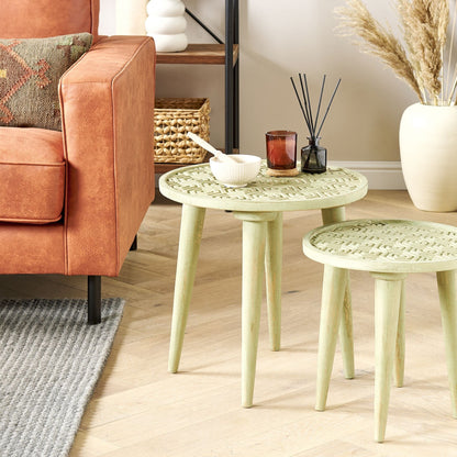 Nest Set Of 2 Mango Wood Side Tables Light Green Distressed Bedside