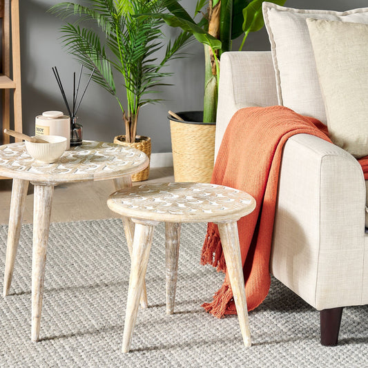 Nest Of 2 Side Tables Light Mango Wood Handmade Distressed
