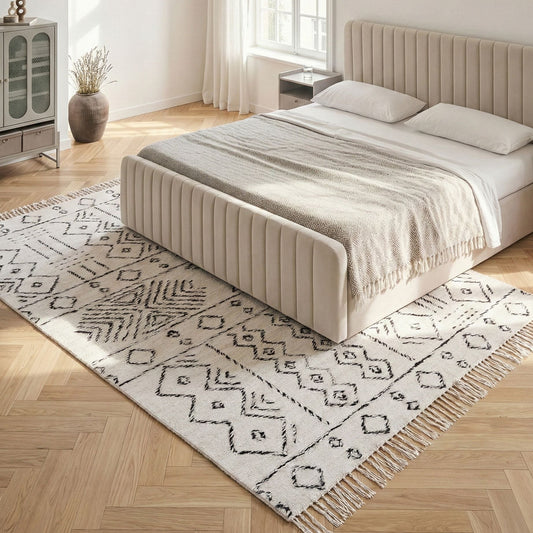 Aztec Wool Area Rug 140 x 200cm Off White Black Low Pile