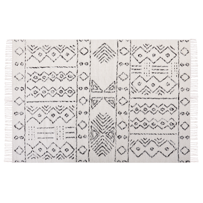 Aztec Wool Area Rug 140 x 200cm Off White Black Low Pile