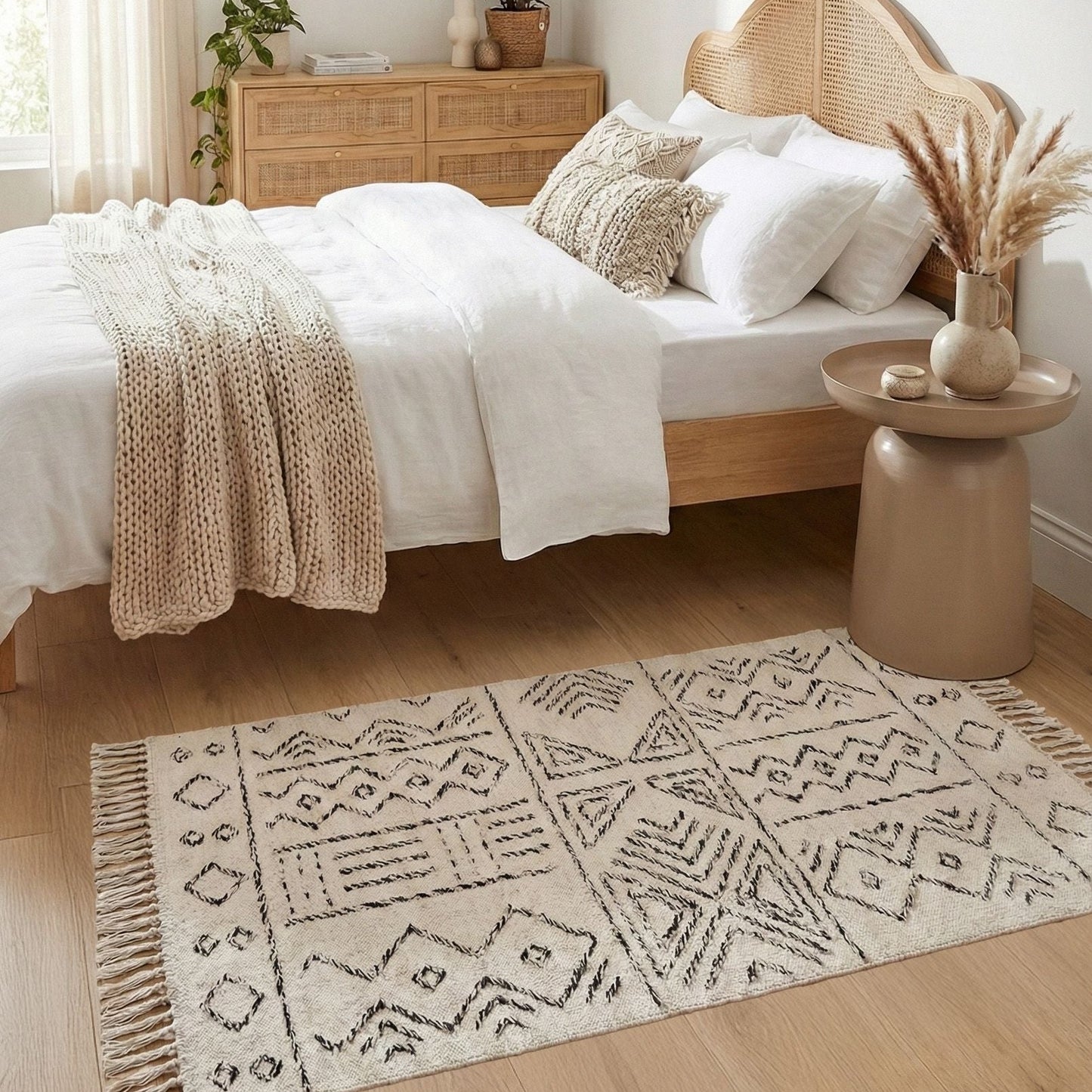 Wool Area Rug Aztec Off White Black 80 x 150cm