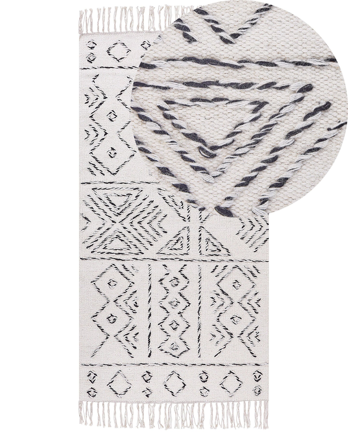 Wool Area Rug Aztec Off White Black 80 x 150cm