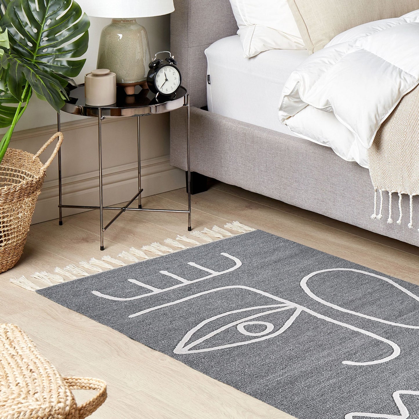 Area Handwoven Grey Rug 80 x 150cm With Tassels Boho Indoor Outdoor