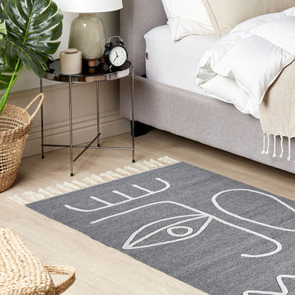 Area Handwoven Grey Rug 80 x 150cm With Tassels Boho Indoor Outdoor