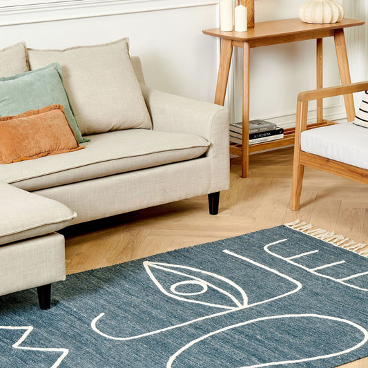 Area Handwoven Rug Blue Polyester 140 x 200cm Rectangle With Tassels Abstract Pattern Indoor Outdoor