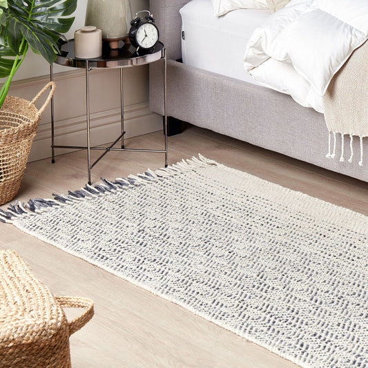 White and Grey Wool Cotton Rug 80 x 150cm Hand Woven Flat Weave Tassels