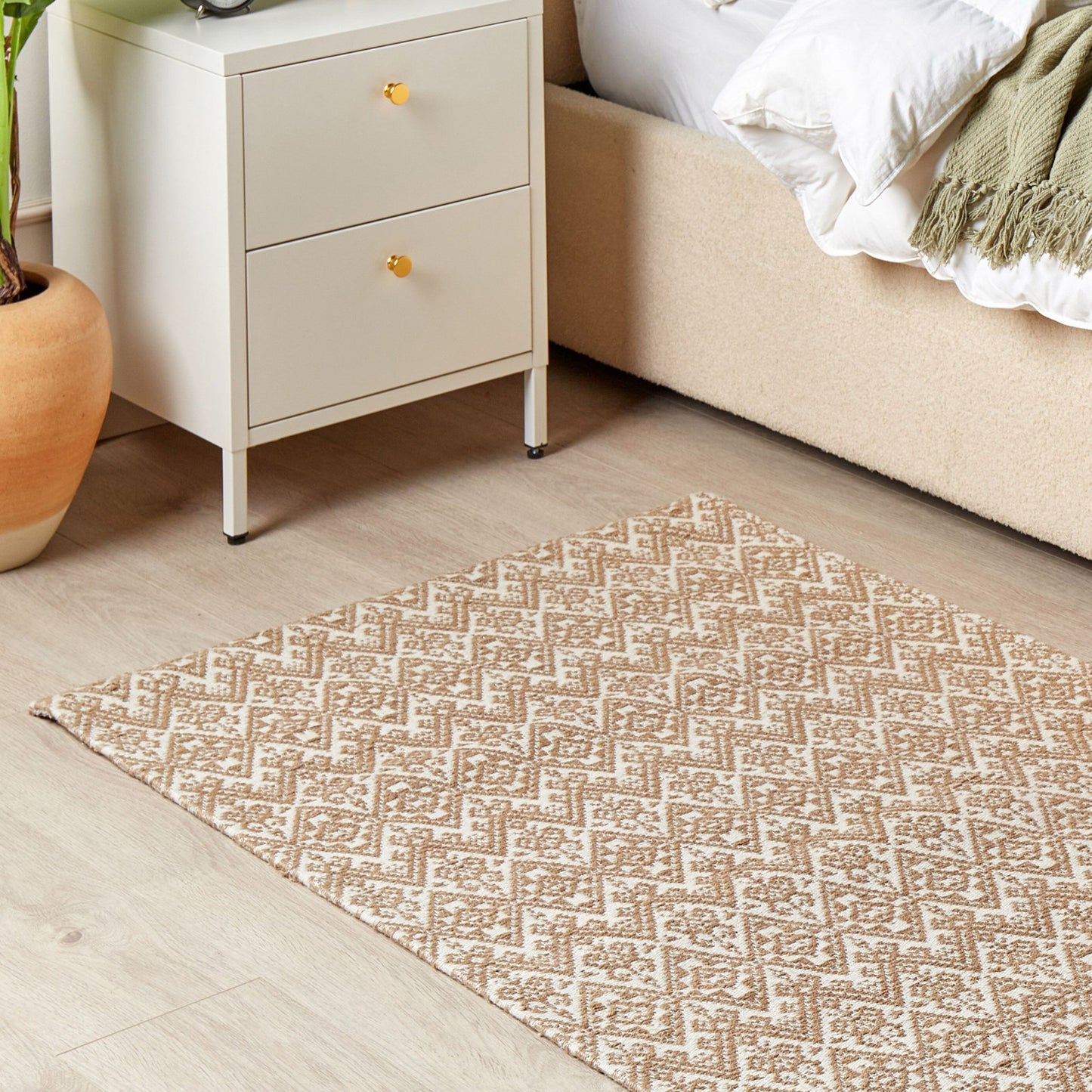Beige Jute Area Rug 80 x 150cm Geometric Flat Weave For Bedroom And Living Room