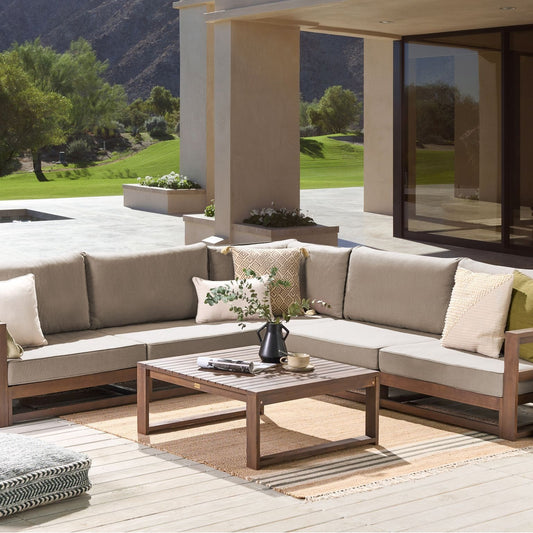 Acacia Wood 5 Seater Corner Sofa Set Dark Brown and Taupe