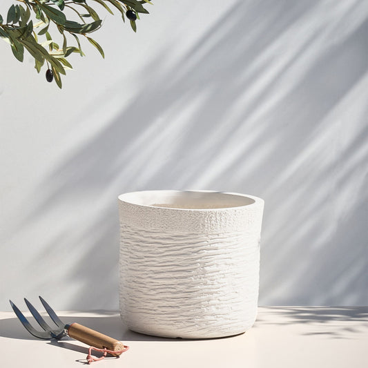 Beige Fibre Clay Round Weather Resistant Plant Pot For Garden And Home Decor