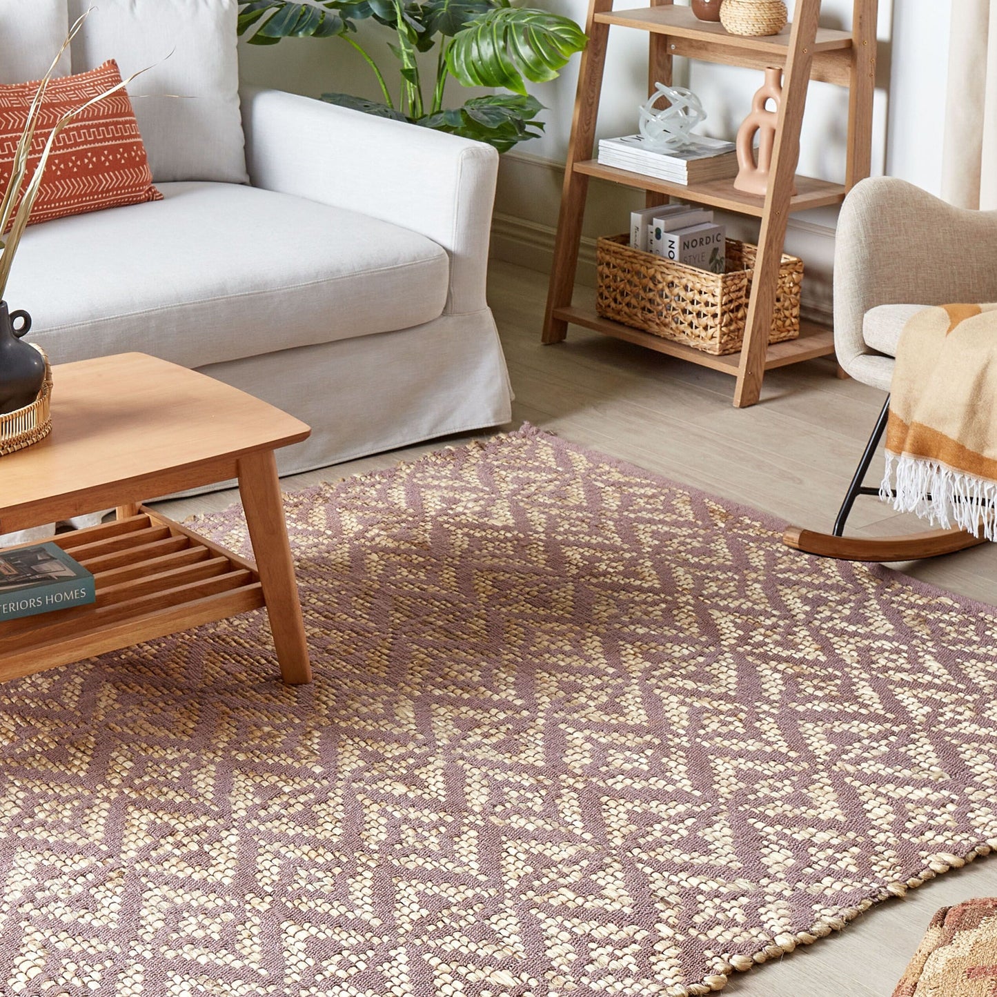 Area Rug Cotton Jute Geometric Pink Beige 140 x 200cm