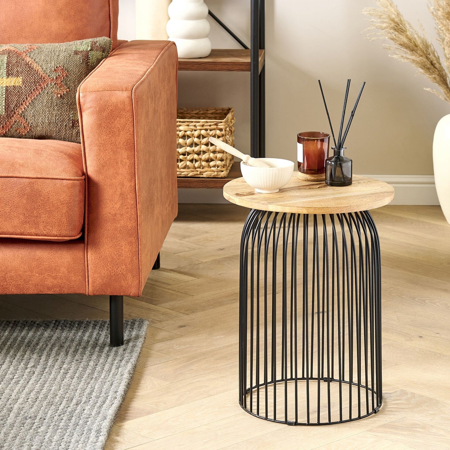 Light Mango Wood Side Table Black Aluminium Frame ?36cm