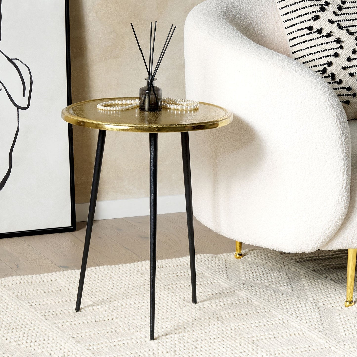 Side Table Gold And Black Distressed Retro 43cm Round