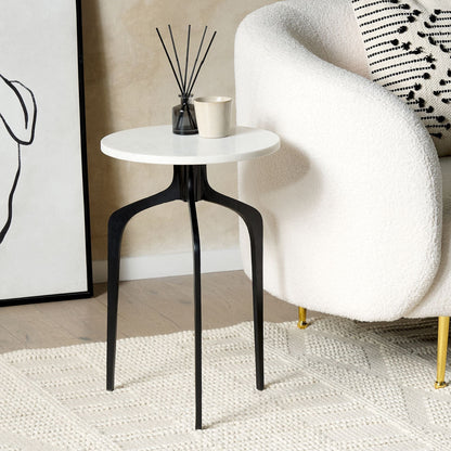 Side Table White Marble Top Black Metal Legs 36cm Round