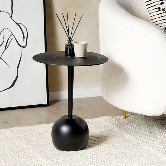 Side Table 40cm Black Aluminium Round Carved Top