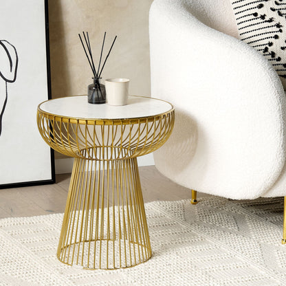 Side Table White Marble Top Gold Frame 42cm Round