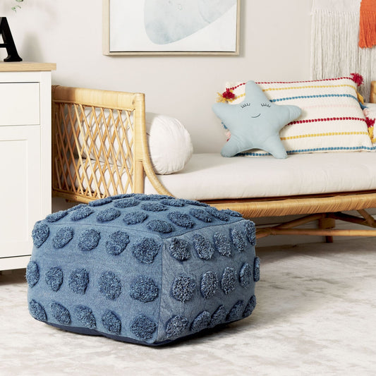 Blue Cotton Pouffe 50 x 50 x 35cm EPS Beads Polka Dot Boho Square