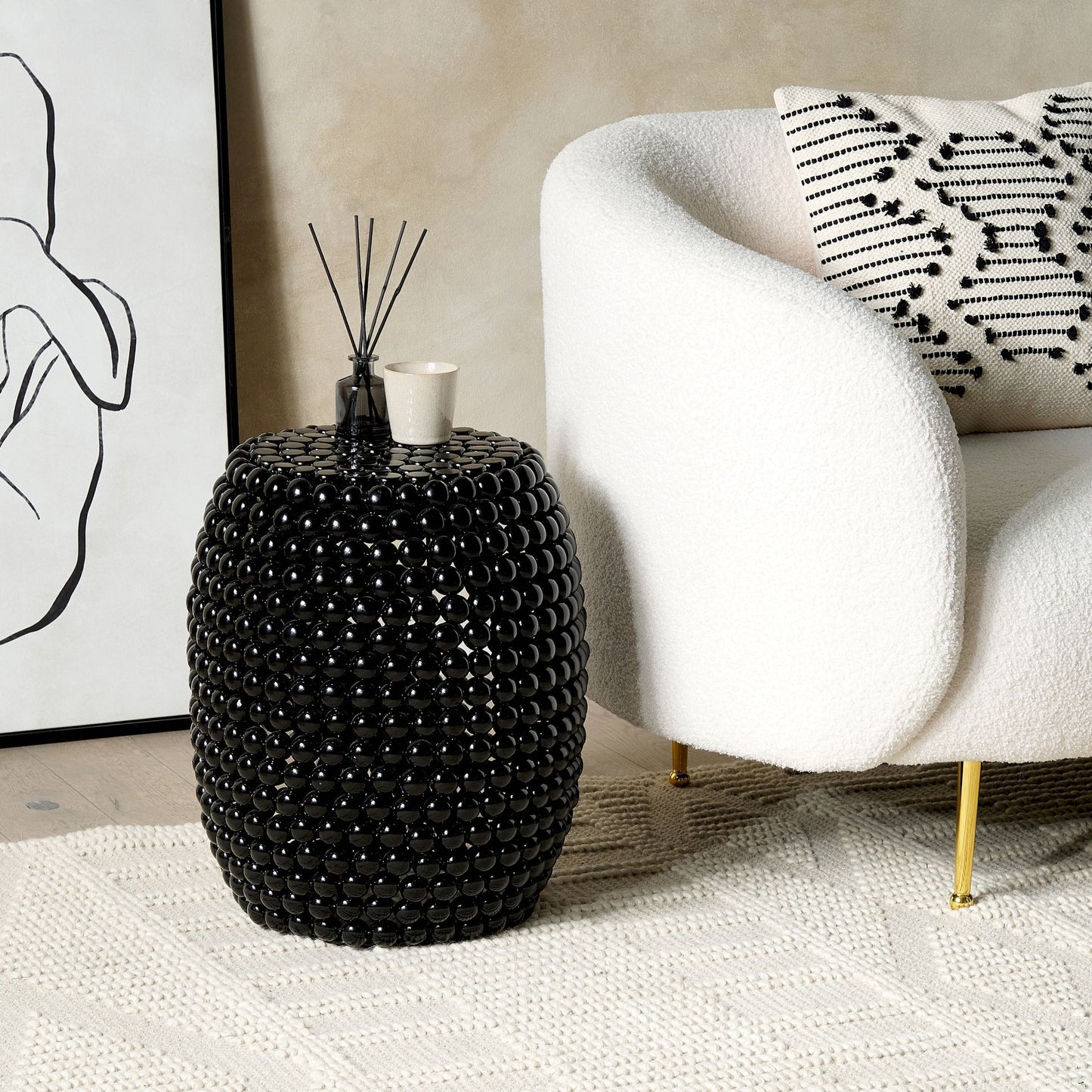 Beaded Drum Side Table Diameter 62cm Black Iron
