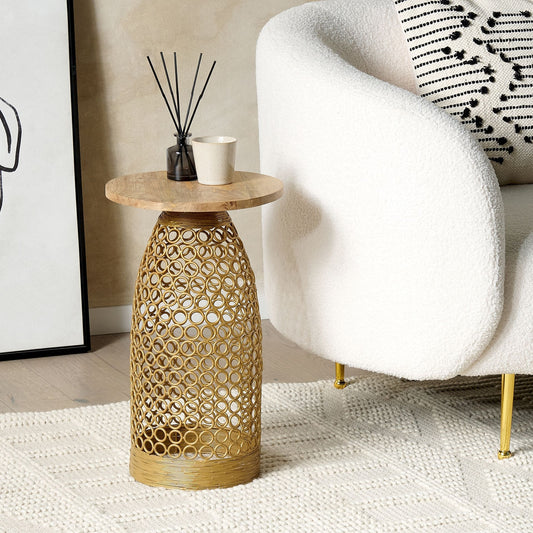 Side Table Light Brown Mango Wood Top With Gold Metal 30cm Round