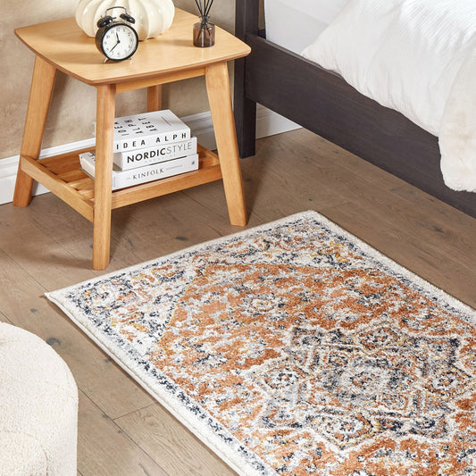 Oriental Distressed Beige Area Rug 80 By 150cm With Floral Motif For Living Room And Bedroom