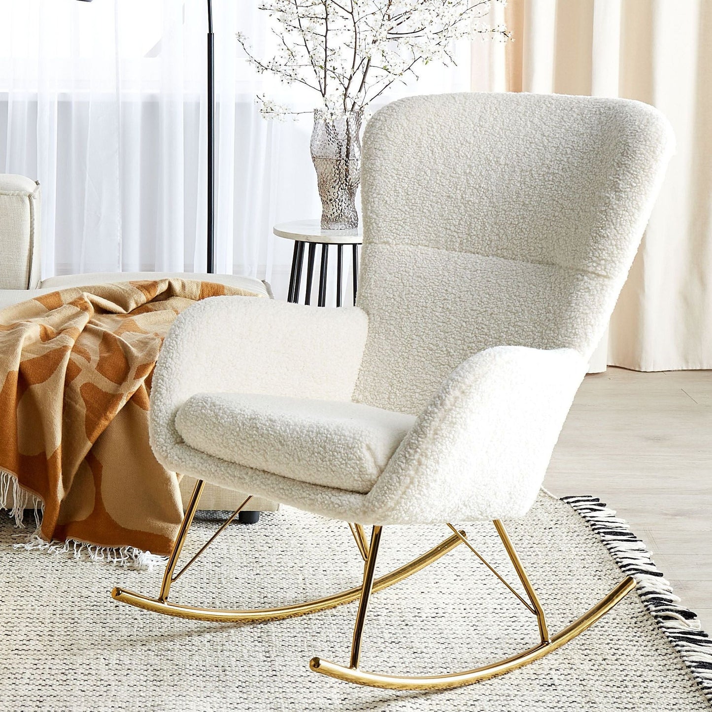 White And Gold Boucle Rocking Chair With Metal Legs Traditional Retro Design