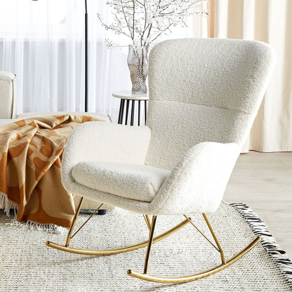 White And Gold Boucle Rocking Chair With Metal Legs Traditional Retro Design