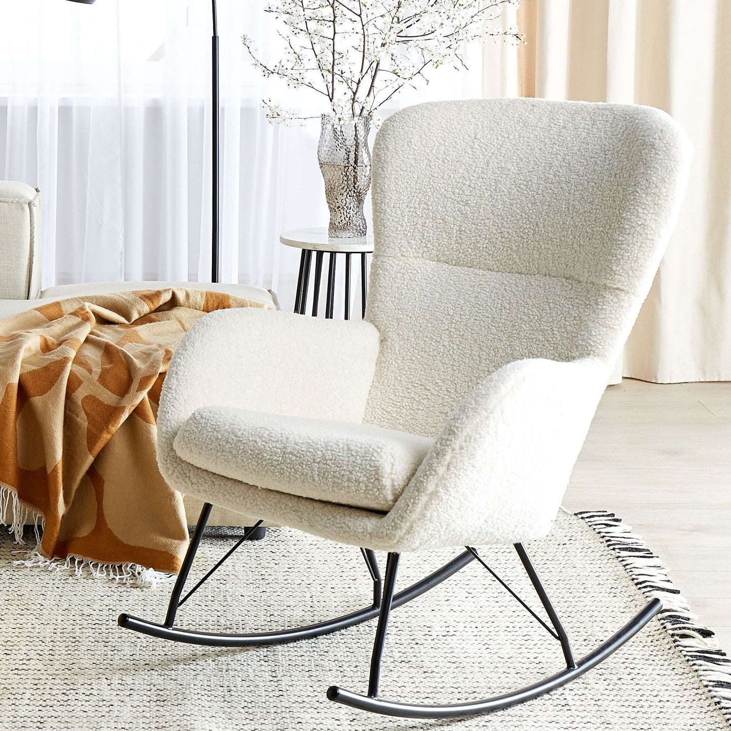 Rocking Chair Boucle Beige And Black With Metal Legs