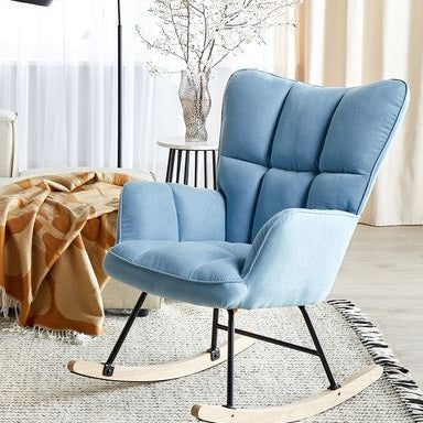 Blue Biscuit Tufted Rocking Chair With Wooden Legs And Rubber Skates Plush Upholstery