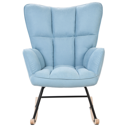 Blue Biscuit Tufted Rocking Chair With Wooden Legs And Rubber Skates Plush Upholstery