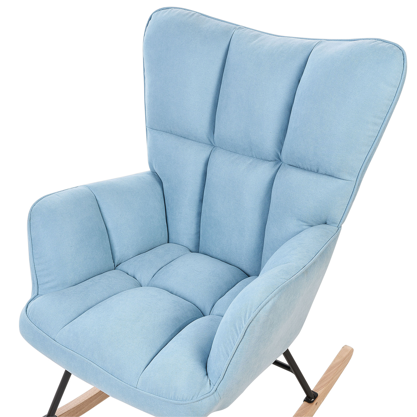 Blue Biscuit Tufted Rocking Chair With Wooden Legs And Rubber Skates Plush Upholstery